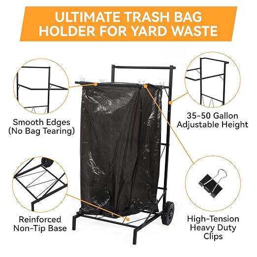 Trash Bag Holder and Metal Leaf Bag Holder for 35-50 Gallon Yard Waste, Adjustable Collapsible Heavy Duty Lawn Bag Stand for Gardening, Camping, Recycling and Outdoor Cleanup (Standard Model)