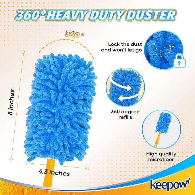 KEEPOW 4Pk Duster Refills Compatible with Swiffer, 360° Microfiber Refill | Reusable Microfiber Dusters in Blue, Yellow, Orange & Green, 360° Heavy Duty Refills Compatible with Swiffer, 4 Pack