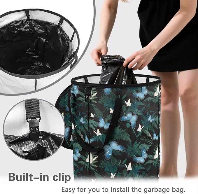 Blue Butterfly 24 Gallons Collapsible Camping Trash Can with Lid Waterproof Pop Up Garbage Can for Outdoor Large Capacity Reusable Trash Bin for Yard Lawn Garden Garbage Bag