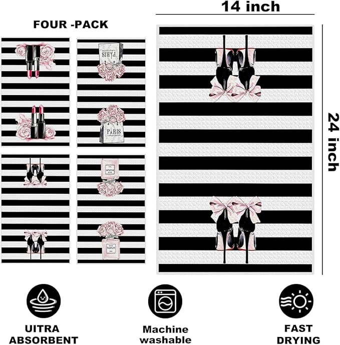 4 Pcs Black White Fashion Hand Towels, Perfume Bow Reusable Dish Towels | Fashion Gifts for Women Mom Girls Friend, Waffle Weave Microfiber Towels for Bathroom Home Decor 24x14 Inch