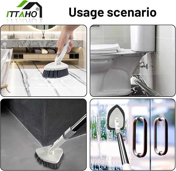 Tile Tub Scrubber Brush with 4 Cleaning Heads,59" Long Handle Stiff Bristles Scrub Brush with Extendable Pole, Rotatable Detachable Scrub Brush for Shower,Tile, Tub,Bathroom,Walls,Sink