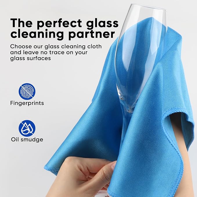HOMEXCEL Microfiber Glass Cleaning Cloth 12 PK, Lint Free Streak Free, Reusable Cleaning Cloth for Cleaning Windows, Glasses, Mirrors, Screens, Stainless Steel, and More Blue-12”×12”