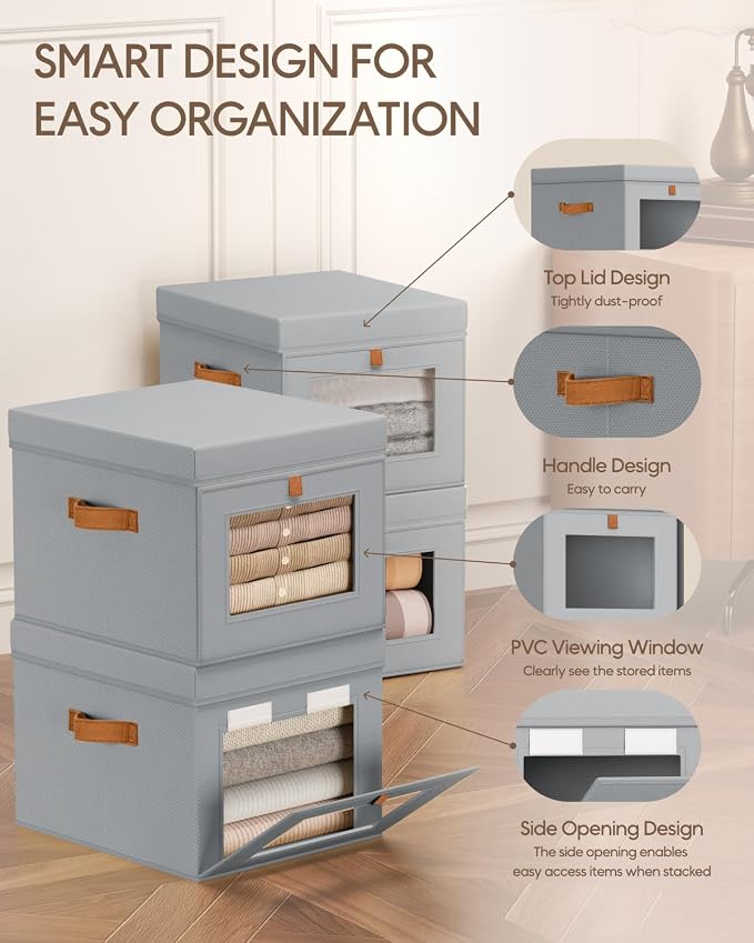 Storage Bins with Lid – Closet Organizer with Side Opening and Clear Window, Foldable Stackable Fabric Basket for Clothes, Home, Office - 13.77" x 11.8" x 9.8", 4 Pack, Grey