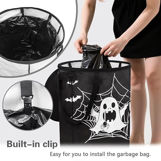 doginthehole Halloween Decorations Outdoor Trash Can with Lid 20 Gallon Spooky Ghost Spider Web Collapsible Trash Can Waterproof Garbage Bags for Car, RV's, Yard Storage Bin Halloween Fall Home Decor