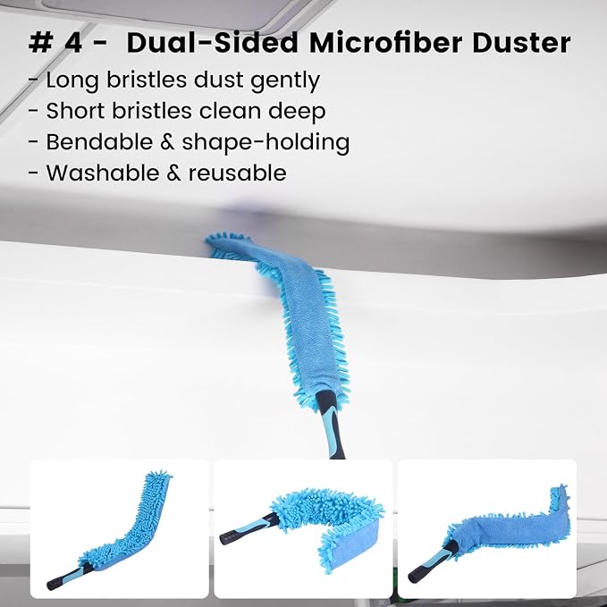 Ceiling Fan Duster Kit 5-in-1 – Screw-On Cobweb Duster, Squeegee & Microfiber Heads – Washable Bendable – Fits Standard 3/4" Threaded Extension Pole – House Cleaning Kit, Blue