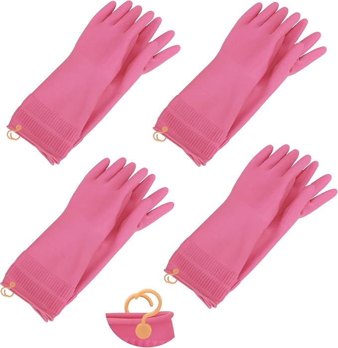 Myungjin Reusable Waterproof Non-Slip Dishwashing Household Cleaning Rubber Gloves with Hang-Dry Hook (4 Pairs/Medium)