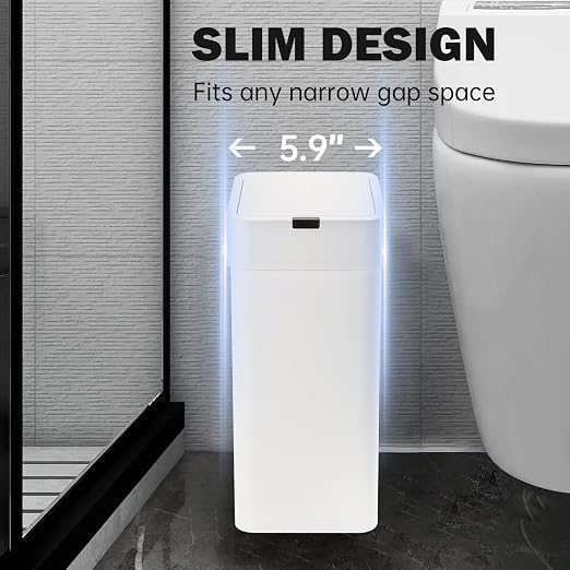 SYNCVIBE 2 Pack Bathroom Trash Can with Lid - 2.5 Gal and 4 Gal Motion Sensor Garbage Bin, Smart Rubbish Bin, Waterproof Slim Dustbin, Automatic Plastic Trash Can for Bathroom, Office, White