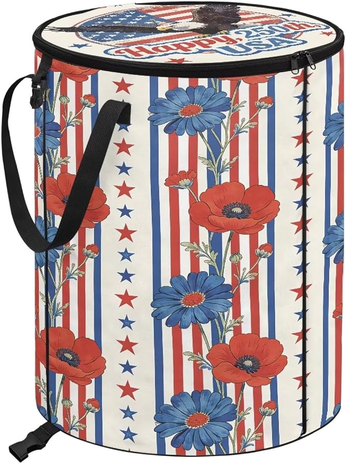 American Eagle Collapsible Trash Can for Outdoor – Heavy Duty Foldable Garbage Bin with Lid, 24 Gallon Waterproof Trash Bag Holder for Camping, RV Travel, Tailgating, Patriotic Decor