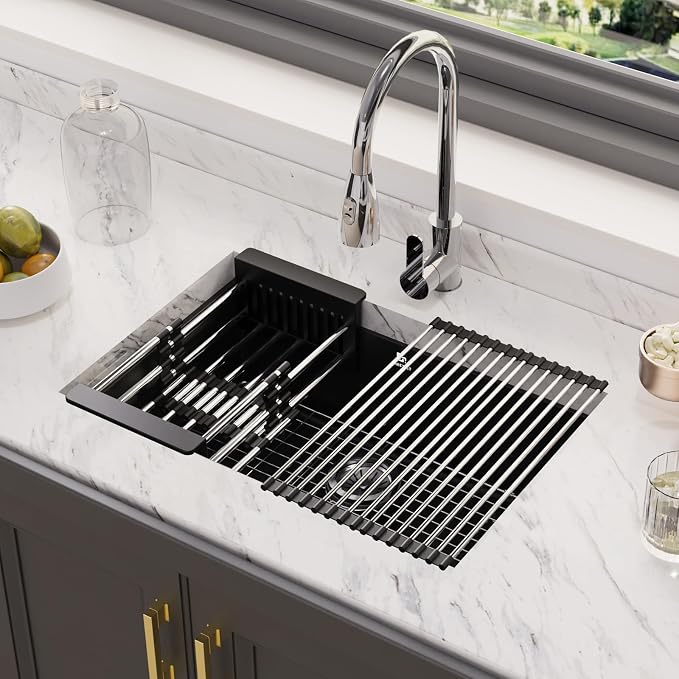 27-inch Granite Composite Kitchen Sink, GABETLET Undermount Quartz Kitchen Sinks with Spacious Workspace and Easy Cleaning, Black Single Bowl Deep Sink with Complete Accessories