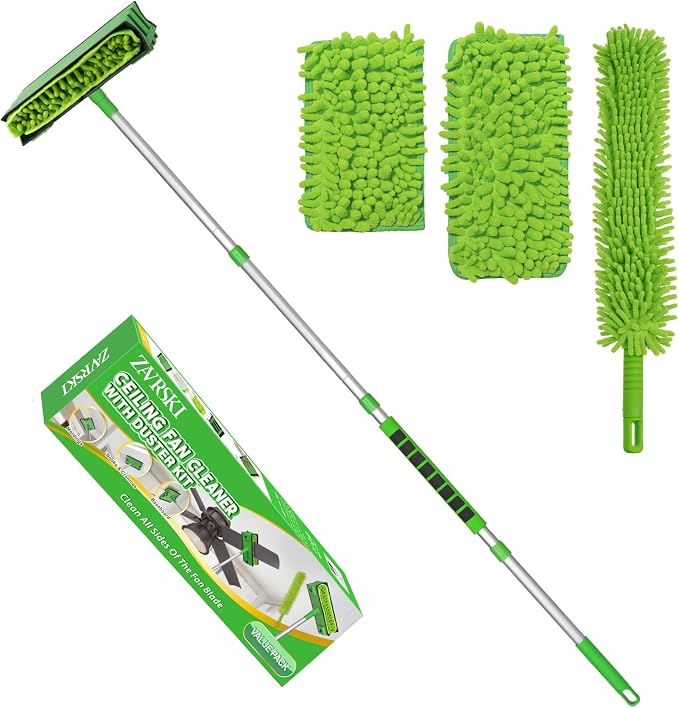 Ceiling Fan Cleaner Duster with 6 Ft/72'' Extension Pole High Ceiling Fan Blade Cleaning Tool Microfiber Duster Reusable Pads for Cleaning Ceiling Fan, Baseboard, Blind, Cobweb, Molding