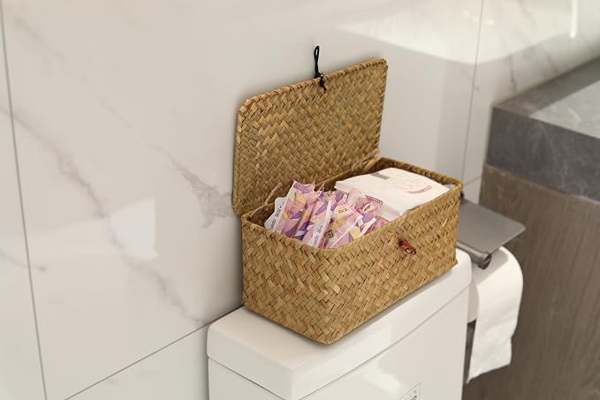 DOKOT Rectangular Handwoven Seagrass Small Storage Basket with Lid for Shelves and Home Organizer Bins,S (10.2"x5.5"x4.3"H), Natural