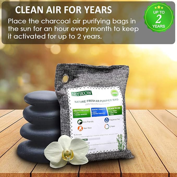 NIYIKOW Charcoal Bags Odor Absorber (Large, 4Pack x 200g), Nature Fresh Bamboo Charcoal Air Purifying Bags, Activated Charcoal Odor Absorber for Home, Car, Closet, Pets, Basement Odor Eliminator -Grey
