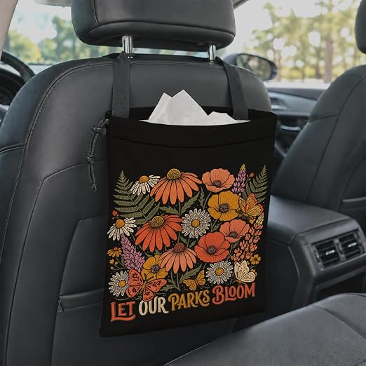 Vintage Floral Butterfly Car Garbage Bag Canvas Trash Can | Rustic Botanical Wildflower Drawstring Car Trash Bag Hanging for Back Seat with Adjustable Buckle