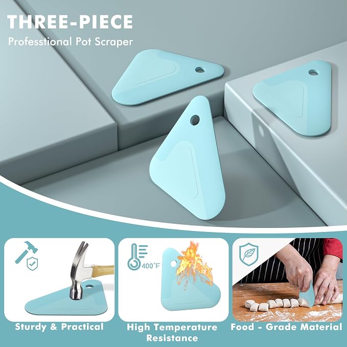 Food Scraper Dish Scraper for Cast Iron Skillets, Cookware, Pans and Pots | Nylon and Silicone, 2-in-1 Kitchen Scraper Tools, Pan Scraper, Heat resistant to 140 ℉, 3 Pack, Blue