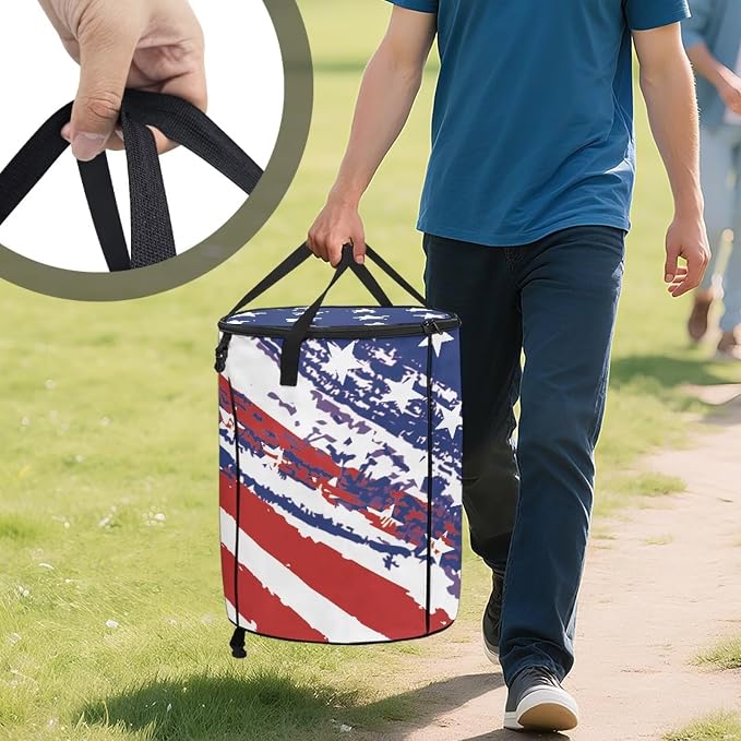 24 Gallon Reusable Yard Waster Bag Garden Leaf Bin Collapsible Camping Trash Container Stand-up Waster Bin with Lid and Handles Patriotic American Flag Print