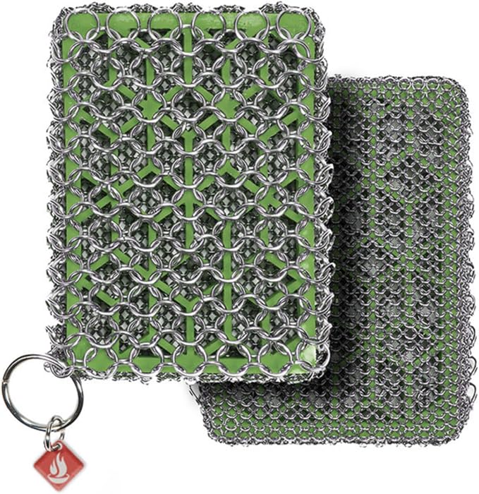 Knapp Made Premium Cast Iron Cleaner, 2-in-1 Combo Chainmail Scrubber with Silicone Core, Heavy Duty & Fine Mesh Rings for Cookware, Skillets and Pots, Premium Cast Iron Cleaner – Lime Green