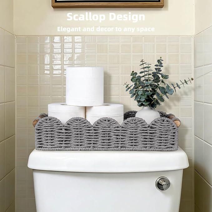 CubesLand Bathroom Basket Organizer, Toilet Tank Basket W/Cut Out Handle | Wicker Toilet Paper Storage Basket Tray, Scalloped Basket for Bathroom Countertop Decorative Also for Home Decor, Grey