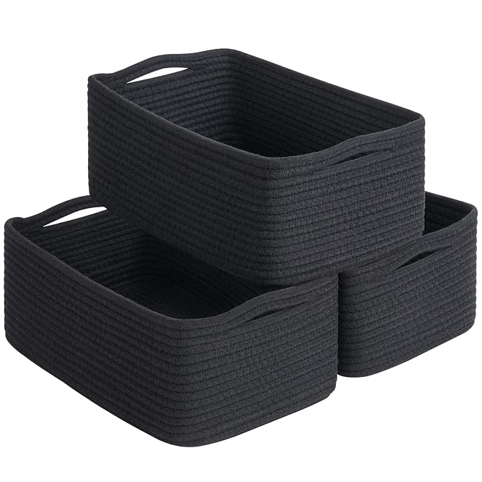 Goodpick 3-Pack Boo Storage Baskets for Closet Organizing, 13 x 8 x 5 in | Woven Baskets for Shelves Fit Bedroom Lving Room, Rope Baskets for Gift Empty, Dog Toy Basket for Pets, Black