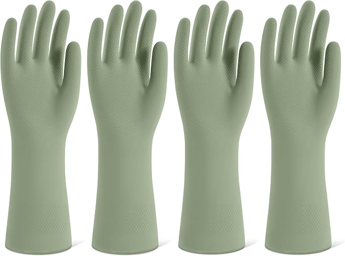 Rubber Cleaning Gloves for Dishwashing, 4 Pairs Reusable Kitchen Gloves for Washing Dishes and Household Cleaning, Green Dish Gloves with Flocked Lining and Non-Slip Grip, Pefect for Woman Men - M