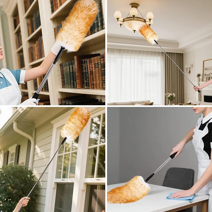 Extendable Cleaning Duster,66.9Inch Telescoping Feather Dusters with Stainless Steel Extension Pole for Cleaning High Ceiling Fan, High Ceilings,Furniture