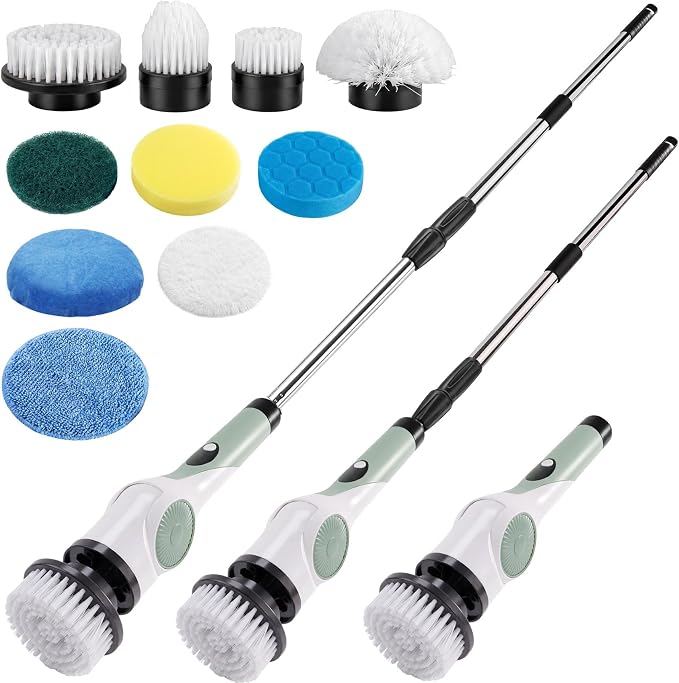 Cordless Electric Spin Scrubber with 10 Replaceable Heads and Long Handle | 3 adjustable lengths, 3 adjustable speeds, 90‑minute runtime, 10 Heads, Waterproof Design for tubs, floors, grout, and cars