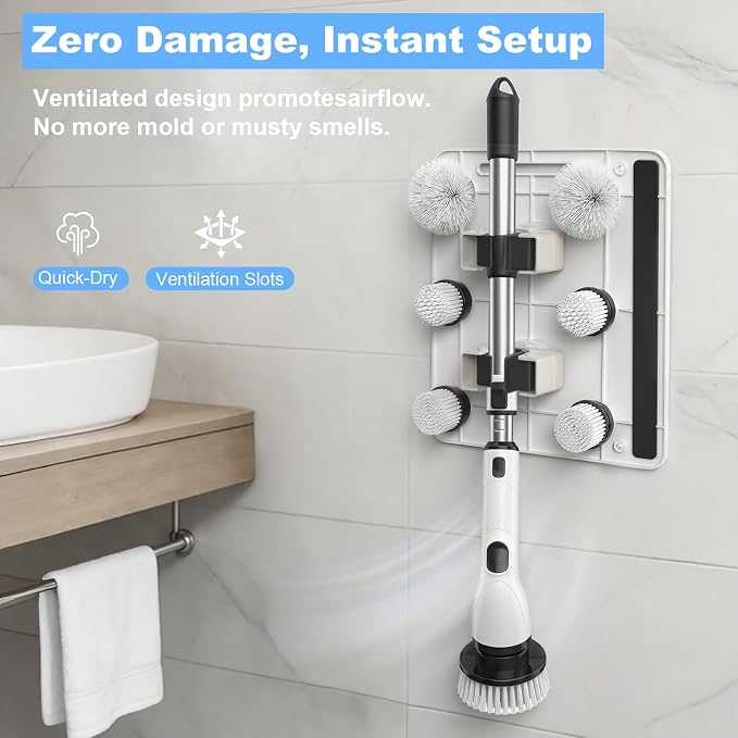 layyah Spin Scrubber Wall Mount Organizer Rack | Electric spin scrubber wall mount organizer, adhesive or screw install, holds 6 brush heads bathroom shower storage