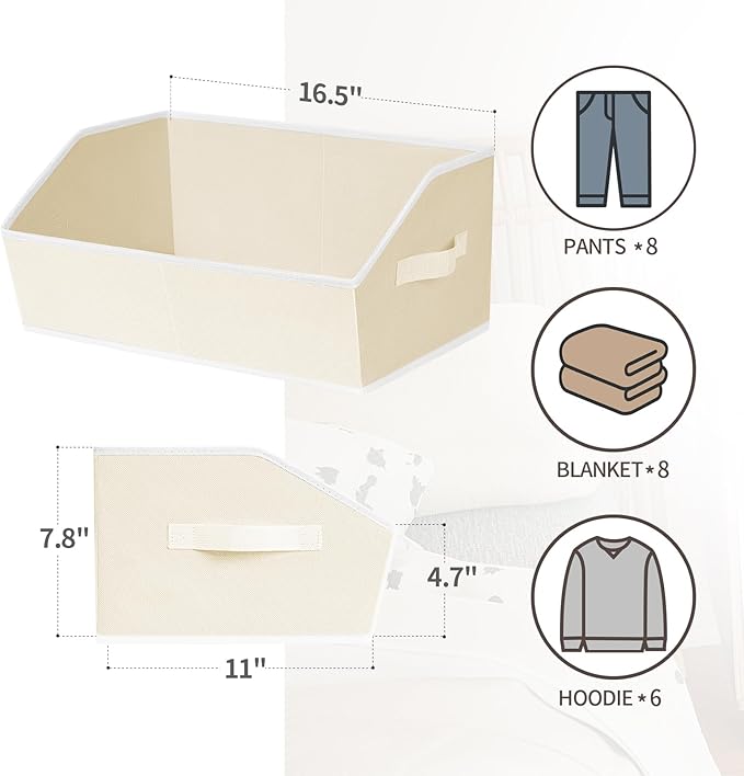 Organizer Bins Cube Storage - Trapezoid Storage Bin 6 Pack, Fabric Baskets for Organizing, Large Storage Basket for Shelves, Closet Organizers for Toys, Clothes, Towels (Beige)