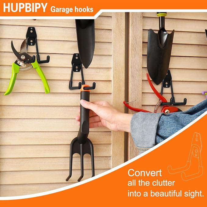 HUPBIPY 18 Pack Garage Hooks Heavy Duty, Wall Mount Ladder Hooks | Storage Organizer With a non-slip coating for Hanging Bicycles Garden Tools Ladders Hoses Ropes and Loose Items(Black)