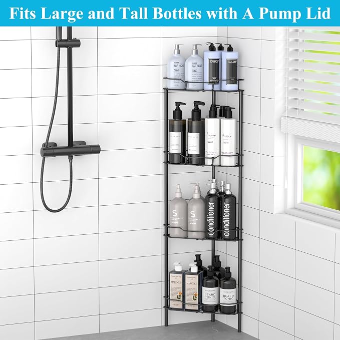 HuggieGems 4 Tier Floor Standing Corner Shower Caddy Organizer Shelf with Hooks, Bathroom Shelves Stand Rack, Black | Adhesive Bathroom Organizer Shelves, Free Standing Shower Rack with Hooks, Hold Large Shampoo Bottles