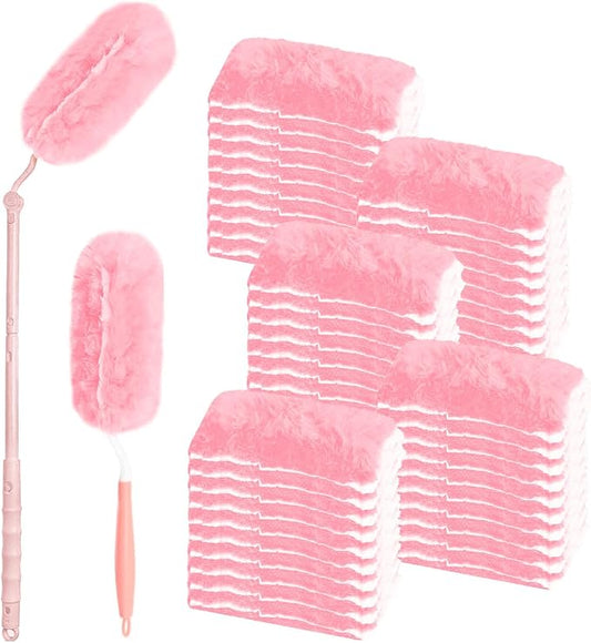 Pink Duster Refill for Swiffer Duster, 50 Count Disposable Dusters Kit | for Cleaning Dusting Furniture Blind Ceiling Fan, Multi Surface 360 Feather Duster + 3FT Extended Handle + 1 Handle