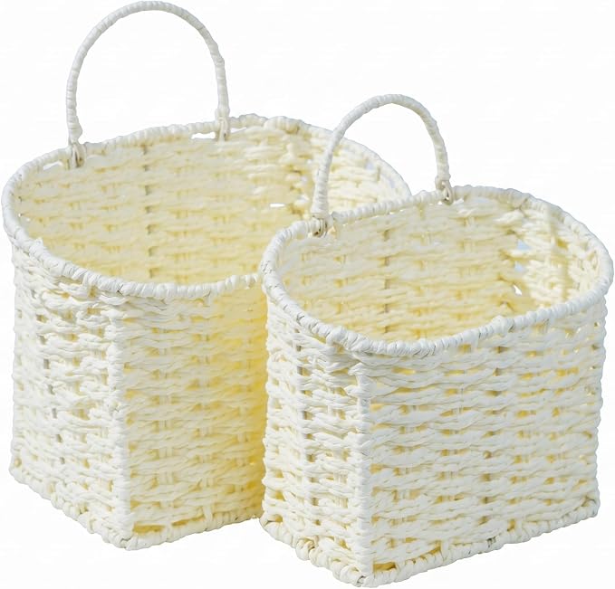 Coeusy Set of 2 Wicker Hanging Basket,Paper Roper Wall Basket,Beige White | Rattan Baskets for Front Door, Mail, Flowers,Entryway,Nursery Wall Decor Storage
