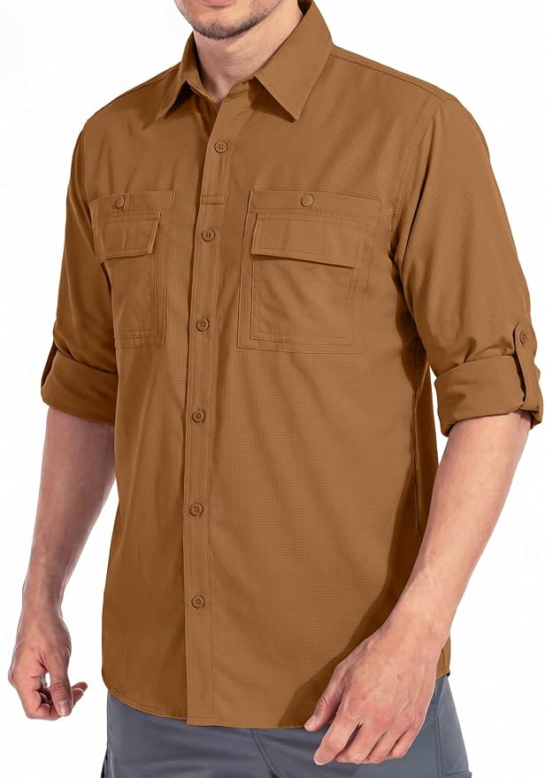 linlon Men's Safari Shirt UV Sun Protection Long Sleeve Hiking Travel | Button Down Mesh Back Vents UPF 50+ Quick Dry Breathable Cool Lightweight Outdoor Travel Fishing Gardening Clothes