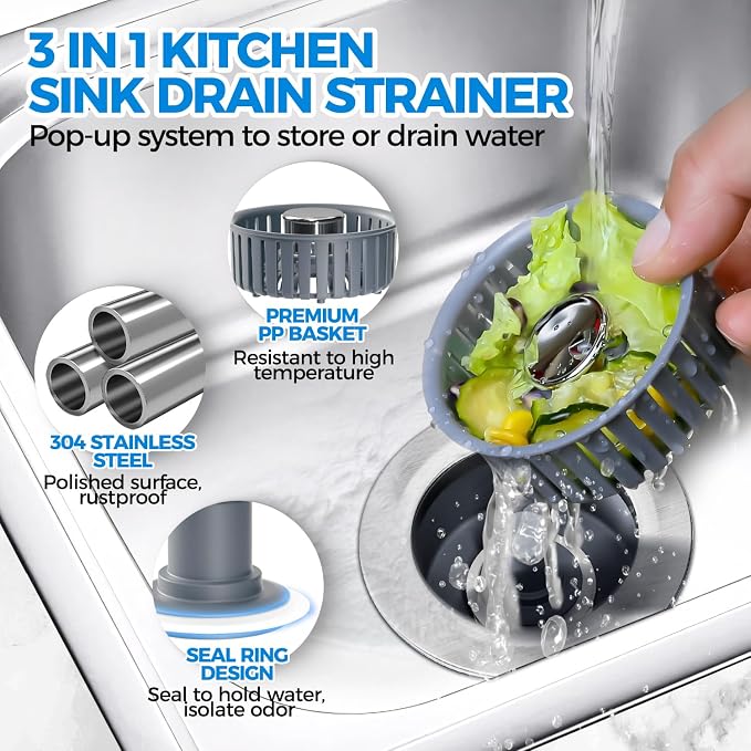zaa 3 in 1 Kitchen Sink Drain Strainer Stopper Removable Basket Pop-Up | Kitchen Sink Accessories 2 Pack Silver Stainless - Food Catcher, Odor-Blocking Seal, Fits 3.5" Drain, Easy Clean