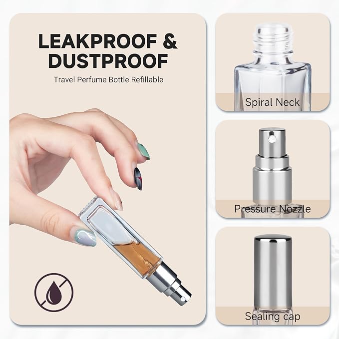 Perfume Travel Refillable 5 Pack 10ml Leak Proof Travel Perfume Bottles | Leak Proof Glass, Easy Refill, TSA Friendly Size, Fine Mist Spray Perfume Atomizer Ideal for Travel, Purse and Daily Carry