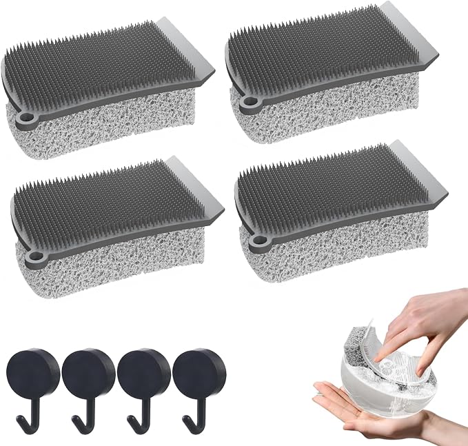 Silicone Dish Scrubber, 3 in 1 Dual Sided Kitchen Silicone Sponge Scrub Brush, Reusable, Fast Dry Dishwasher Safe for Dishes, Pots, Household (Grey,4Pcs)