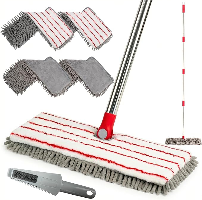 Microfiber Dust Mop for Hardwood Floor Cleaning, Laminate, Tile & Marble | 4 Washable Mop Pads, Dual-Sided Flip Mop, Wet & Dry Use, 62" Long Handle, Built-In Pad Cleaning Scraper