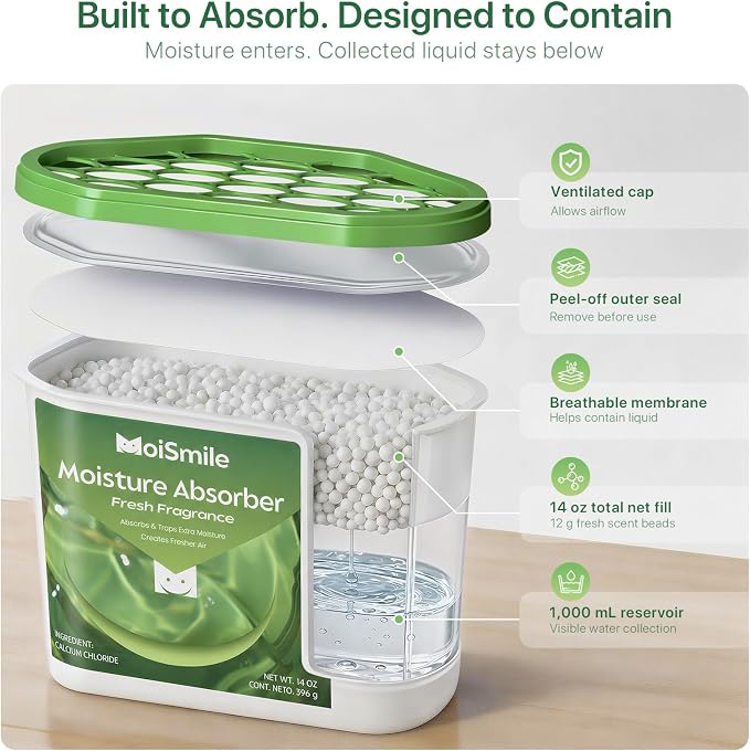 Large Moisture Absorber Buckets, 14 oz Each, Fresh Scent, 3 Pack | 14 oz Net Fill with 12 g Fresh Scent Beads; Visible Water Collection; Up to 90 Days; For Bathrooms and Closets