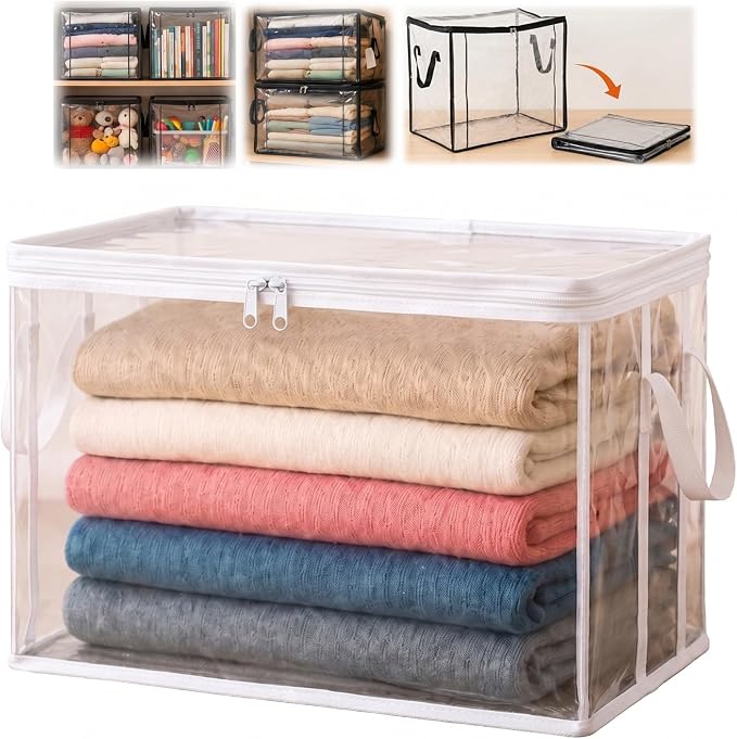 Extra Large Clear Pvc Storage Bags with Zipper Handles Heavy Duty Thick Plastic Clear Storage Bins for Clothes Blankets Toys Moving Foldable Closet Organizer Storage Containers (1, White, L)