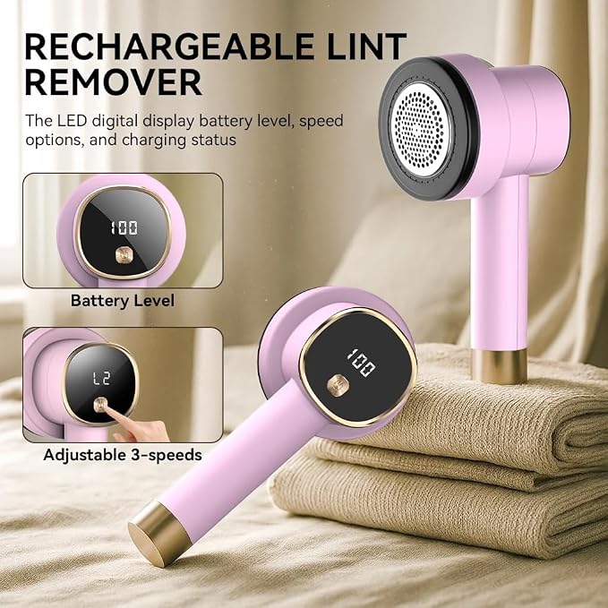 Rechargeable Fabric Shaver, 6-Leaf Blades, LED Display, 3 Speeds | Portable Lint Remover Easy to Remove Pilling, Fuzz & Lint Balls from Clothes, Sweater, Couch, Blanket, Furniture, Coat, Pink