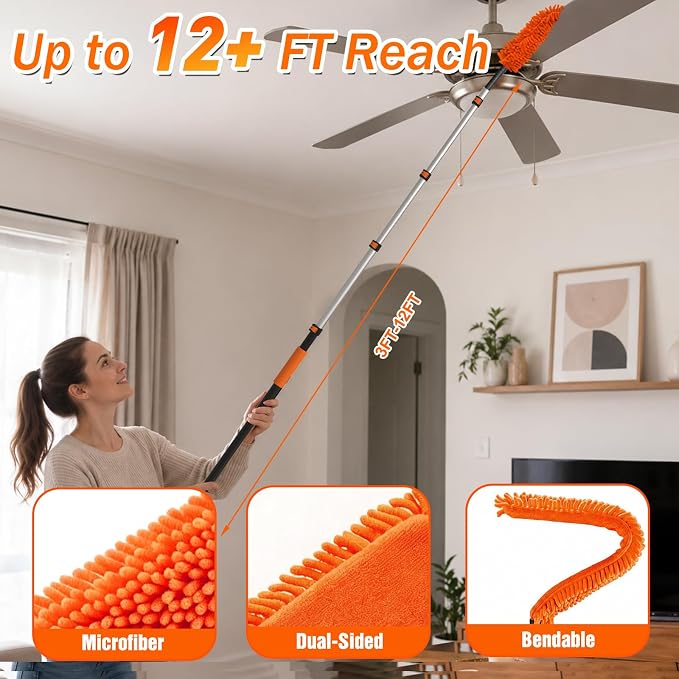 SISUPASSIE 20FT Reach High Ceiling Duster Kit, Window Cleaning kit with 3-12FT Extension Pole, Fan Duster for Ceiling Fan Blades, Microfiber Feather Duster, Rotatable Window Squeegee and Cobweb Duster