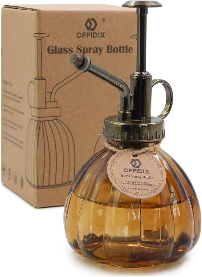 OFFIDIX Glass Spray Bottle, Brown Plant Mister Pumpkin Style Spritzer 6.7oz | Flower Spray Water Bottle, Fine Mist Vintage, Bronze Plastic Top Pump, One Hand Watering Can for Indoor Outdoor Garden Decor