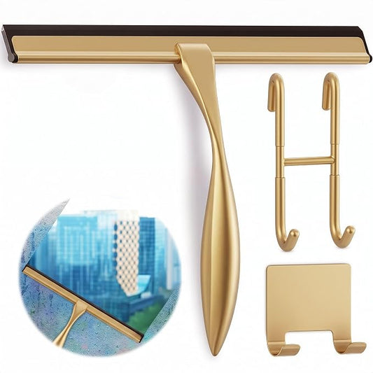 Stainless Steel Shower Squeegee, Glass, Silicone, 14 Inch (Gold) | Shower Door Squeegee with Silicone Blade, Adhesive & Hanging Hooks for Mirror, Tile, Window, Car, Multi-Surface Everyday Use