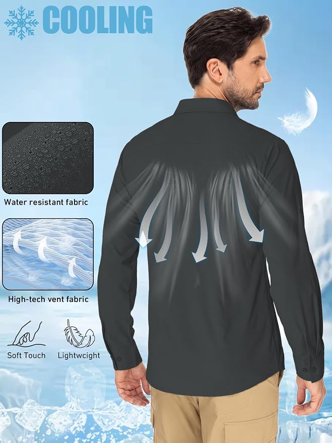 linlon Men's Safari Shirt UV Sun Protection Long Sleeve Hiking Travel | Button Down Mesh Back Vents UPF 50+ Quick Dry Breathable Cool Lightweight Outdoor Travel Fishing Gardening Clothes