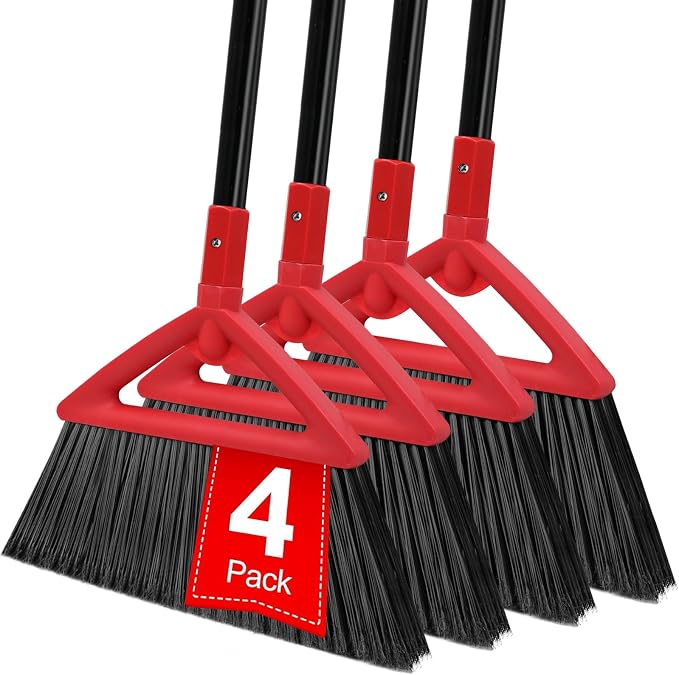 Heavy Duty Red Angle Broom with Long Handle - 4 Pack | Versatile Indoor/Outdoor Sweeping, for Courtyard/Garage/Sidewalk/Kitchen/Lobby/Canteen, Durable & Efficient