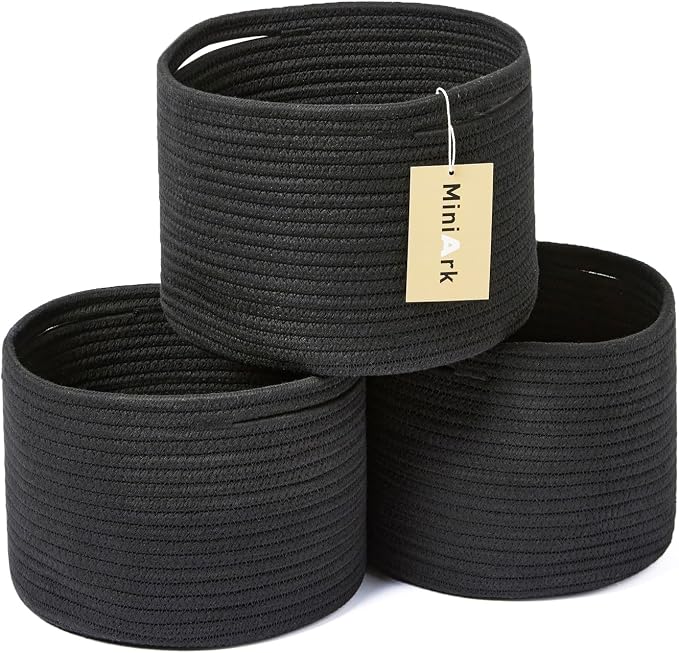 MiniArk Small Basket for Organizing | Cube Shelf Closet Storage Baskets | 9.7×9.7×7.1” | Woven Rope Gift Basket | Nursery | Round 3 Packs Black