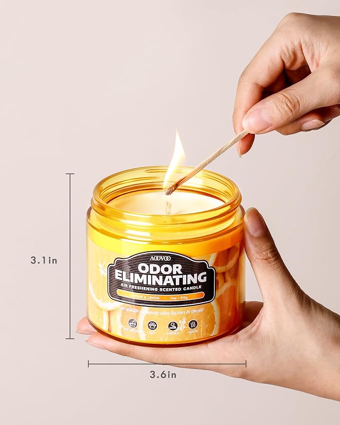 AOOVOO Citrus Lemon Large Odor Eliminating Candle - 11oz Soy Candles | Eliminates 95% of Smoke, Food, Pet and Other Smells Quickly, Non Toxic Air Freshing Candle, Up to 50 Hours Burn time