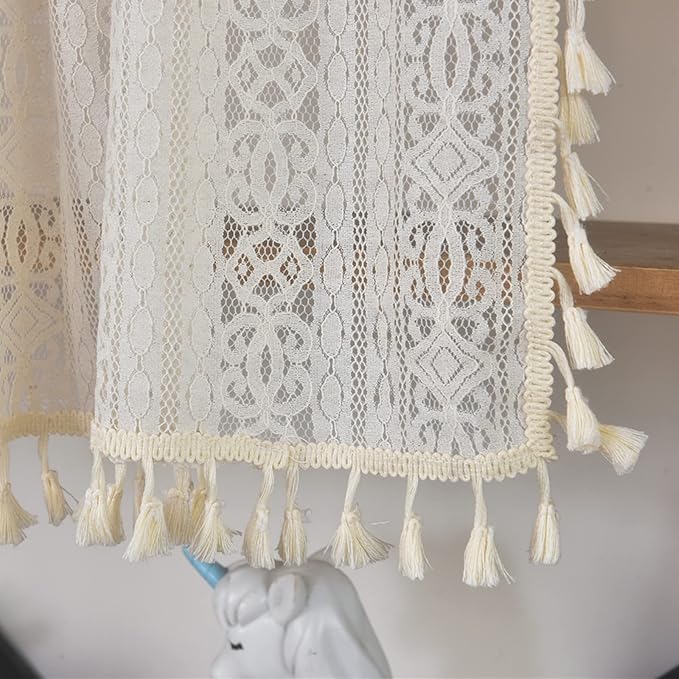 Sutuo Home Boho Sheer Curtain Valance Crochet Lace with Bohemian Hollow Knitted Handmade Tassels, Short Rustic Window Treatment for Kitchen Cafe, Rod Pocket, 1 Panel 59" W x 24" L,Beige
