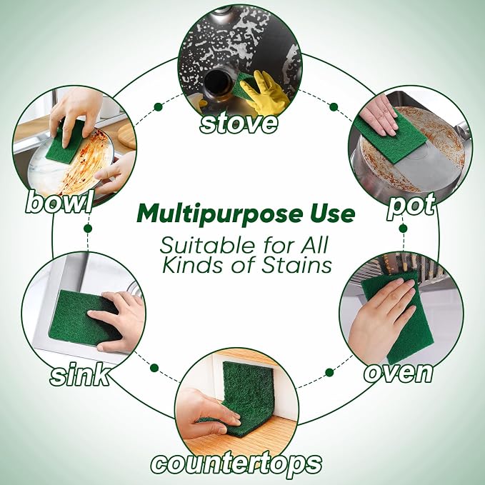 HOMEXCEL Heavy Duty Scouring Pads, 24 Pack Green Scrub Pads for Cleaning | Multipurpose Scrubbing Pads for Dishes, Pots, Pans, Metal Grill, Kitchen, Household, Reusable Cleaning Dish Scrubber