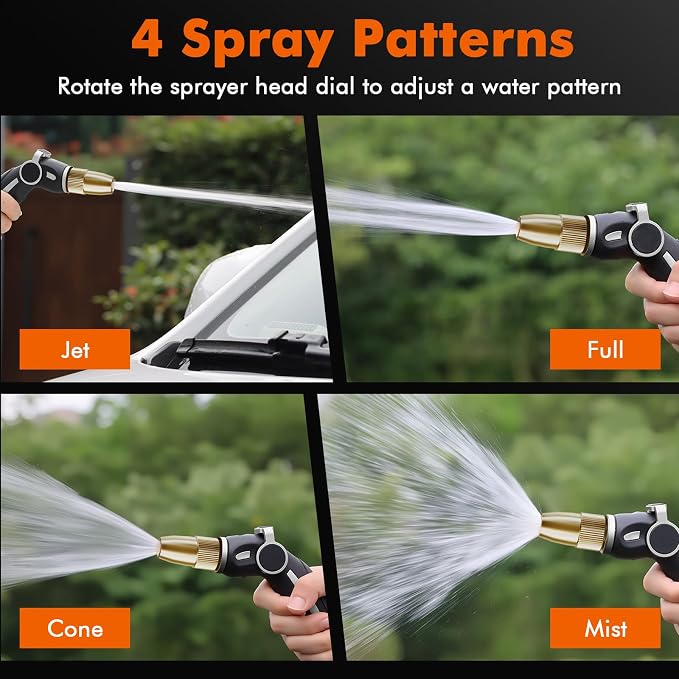 RESTMO Garden Hose Nozzle, Heavy Duty Water Hose Sprayer Nozzle, Silver | Brass Head, Thumb Control, Adjustable 4 Spray Patterns, Leak-proof, Metal Hose Nozzle for Outdoor Lawn & Plant & Car