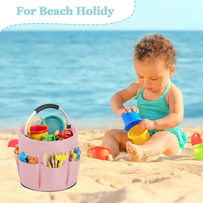 WOOHA 17L Cleaning Caddy with Handle, Foldable Cleaning Supply Organizer with 6 Pockets, Portable Shower Caddy, Storage Basket for Housekeeping, Car Detailing, Garden, Pink